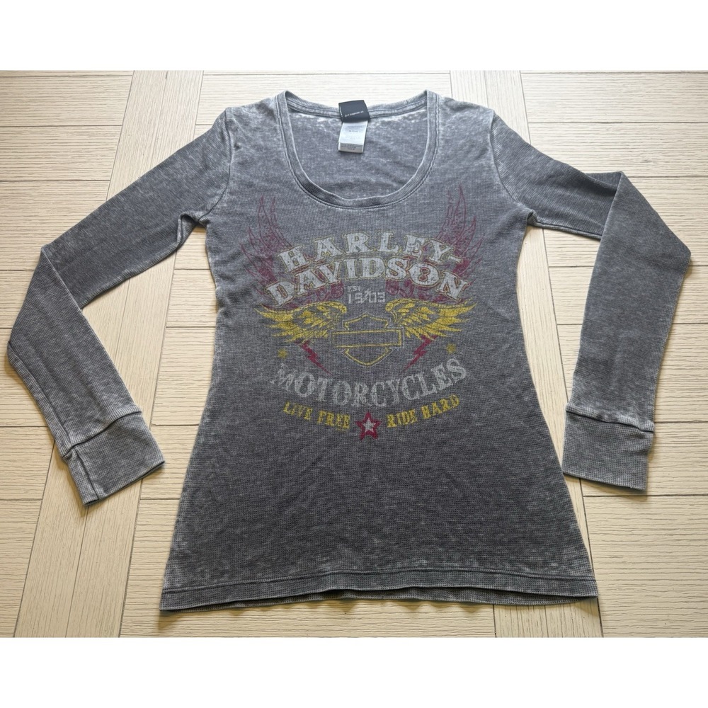 Harley Davidson Long Sleeve T-Shirt Women's Sz M Gray Lightweight Thermal Y2K